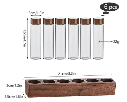 Koffie- en thee-opslagbuisset van notenhout - glazen containers met displayrek