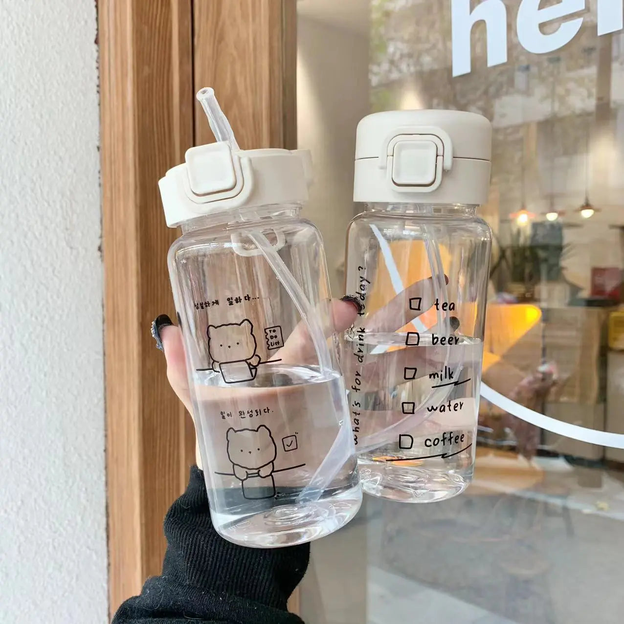 Creatieve Cartoon Water, koffie en thee Fles met Rietje Schattig Plastic