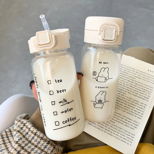 Creative Cartoon Water,coffee and tea Bottle with Straw Cute Plastic