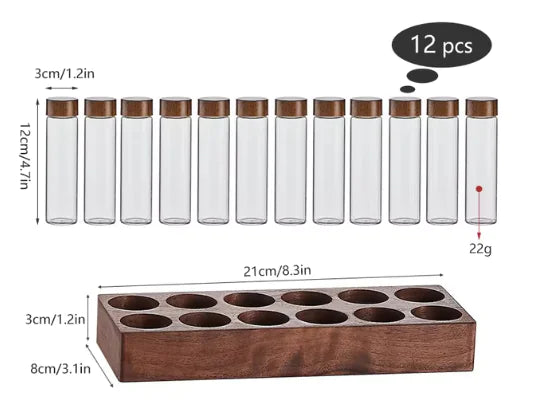 Koffie- en thee-opslagbuisset van notenhout - glazen containers met displayrek