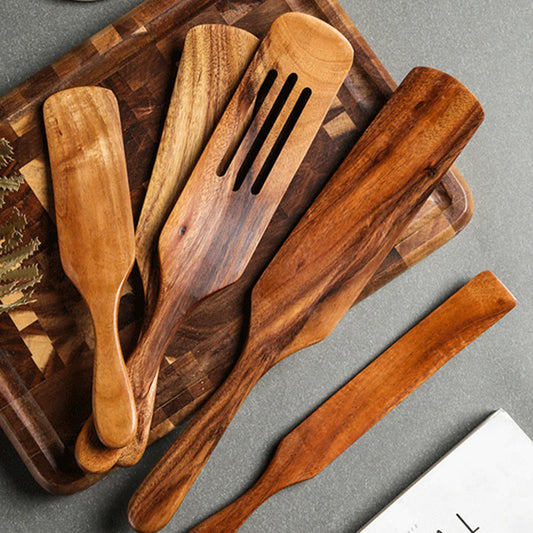 Acacia Teak Wood Long-Handled Cooking Spatula Set – Perfect for Mixing & Serving in Style!