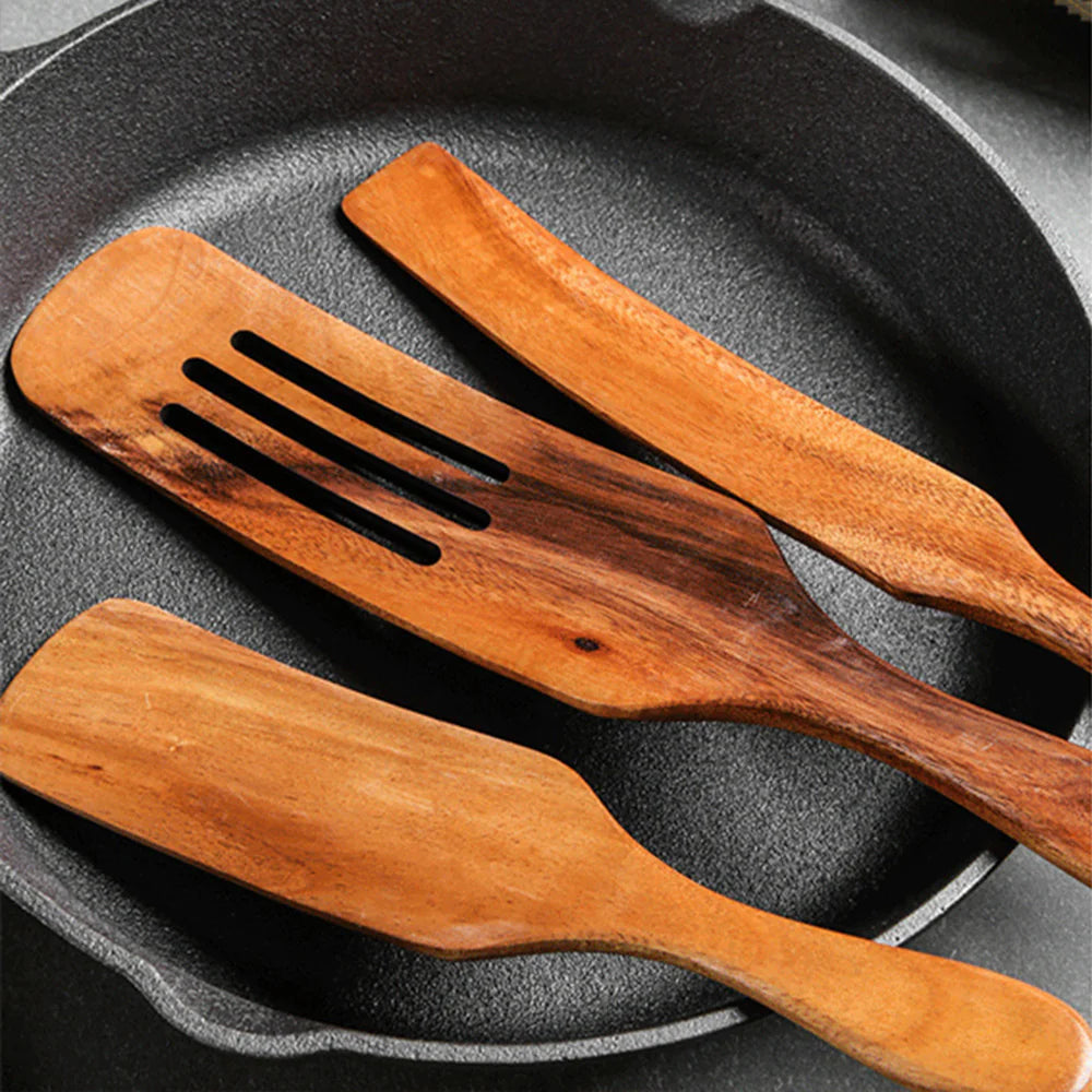 Acacia Teak Wood Long-Handled Cooking Spatula Set – Perfect for Mixing & Serving in Style!